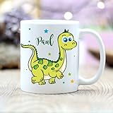 Wandtattoo-Loft Bedruckte Keramiktasse Kleiner Dino mit Wunschname und Sternchen/beidseitig/Tasse/Becher/Spülmaschinenfest/Kaffeetasse mit Motiv und Wunschname