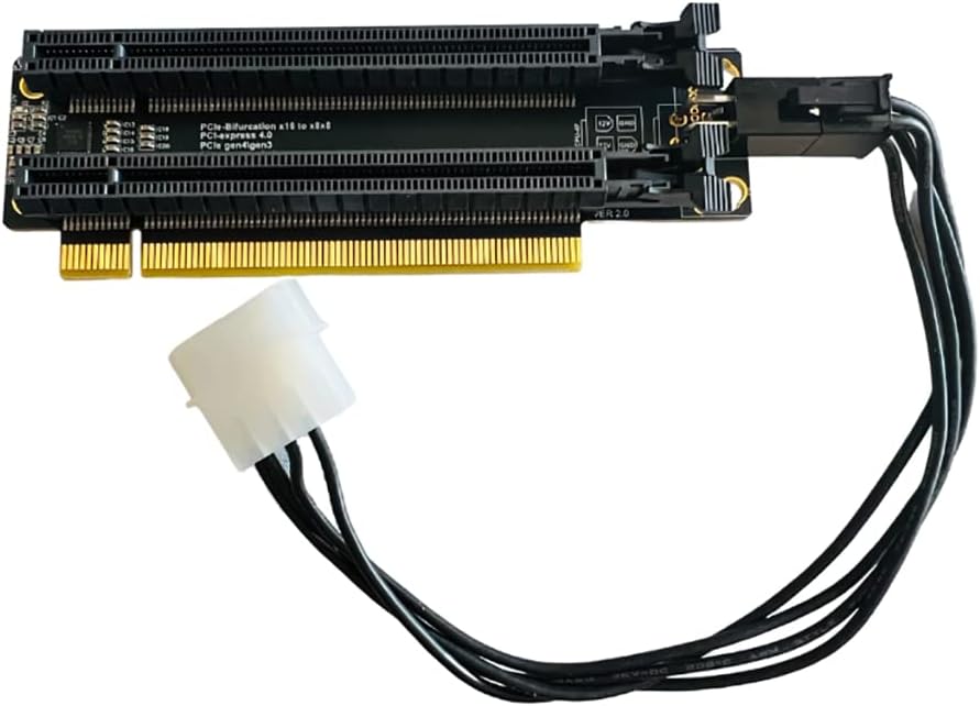 JMT PCI-E 4.0 x16 1 to 2 Expansion Card with 4-pin power cable connected