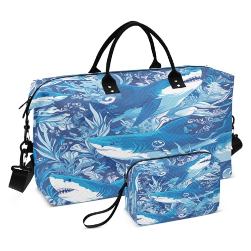 Sac de sport baleines bleues grand format et sac à main de week-end avec trousse de toilette