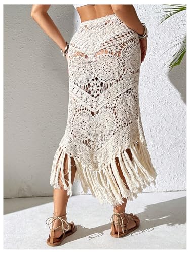 GORGLITTER Women's Crochet Beach Skirt Hollow Out Fringe High Waisted Bathing Suit Cover Up2