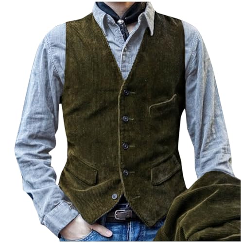 Men's Retro Corduroy Suit Vests Casual Slim Fit Single-Breasted V Neck Waistcoat Business Formal Dress Vest
