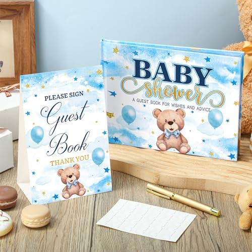 Image of Fuyoooo 27 Pcs Blue Color Bear Baby Shower Guest Book Set Baby Shower Sign in Guest Floral Book Place Table Cards with Gold Pen Adhesive Photo Corner for Birthday Party