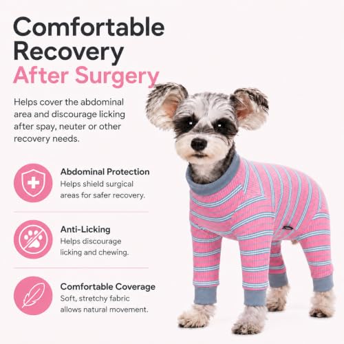 Image of Dog Striped Recovery Suit, Puppy After Surgery Onesie for Female Male Dogs, Dogs Cats Long Sleeve Pajamas Bodysuit, Surgery Abdominal Wound Bandages Clothes, Dog Pant for Shedding Skin Disease
