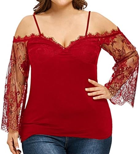 Nevera Plus Size Women Off Shoulder T-Shirt Sexy Lace Tie Long Sleeve Casual Blouse (XXL, Red)