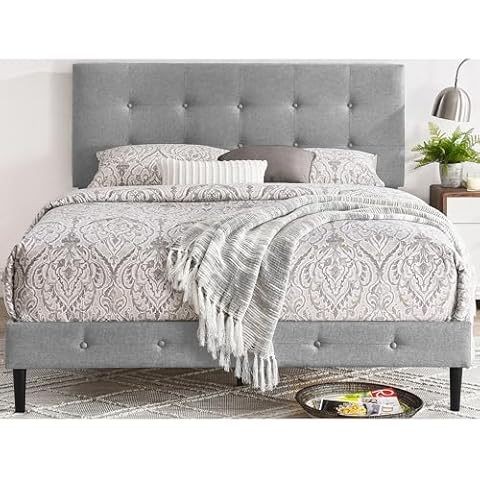 Decoro Cambridge Upholstered Wooden Platform Bed Frame with Headboard, Full, Gray Cover