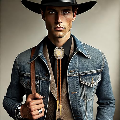 Image of Vintage Western Cowboy Rodeo Initial Letter A-Z Bolo Tie for Men | Premium brown braided leather, adjustable sliding clasp, anti-tarnish alloy pendant, versatile A-Z western bolo tie