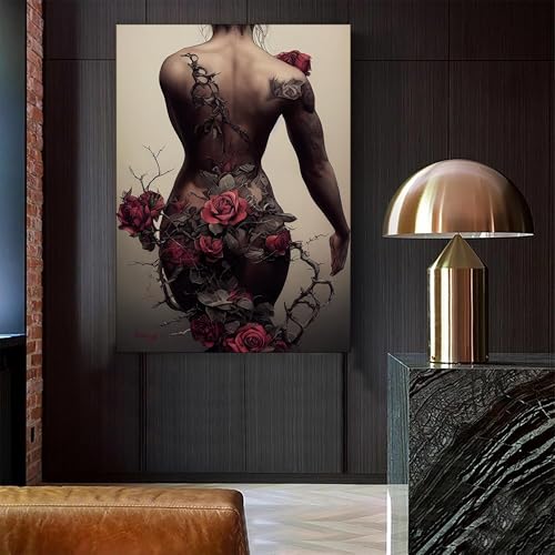 Décoration murale chambre tableau femme sexy et fleurs de luxe