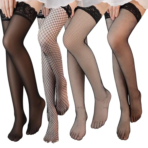ZVBRSKM Halterlose Strümpfe für Damen, 4 Paar Strapsstrümpfe, Strapse Damen Sexy, Fishnet Stockings, Halterlose Strümpfe Größeneinheitlich für...