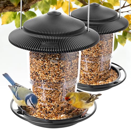 TrampgiK Outdoor Bird Feeder Retractable Bird Feeder Hanging Metal Hanger Rainproof & Leak-Proof Black Pack of 2