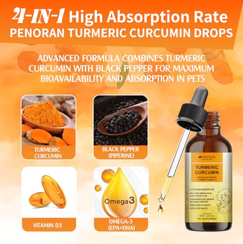 Kurkum- und Curcumin Tropfen für Hunde & ältere Hund & ArbeitsHunde: Gelenkbeweglichkeit und -flexibilität, Schmerzgenesung, Verdauung, Gehirn, Leber, Knochen, Muskeln, Haut, Fell – bessere Resorption