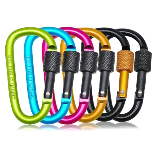 6 Pack Small Locking Carabiner Clips - 3 Inch Aluminum Alloy D-Ring Key Hooks with Twist Lock, Secure for Keys, Pet Leash, Travel Accessories (Not for Climbing)(Multicolor2)