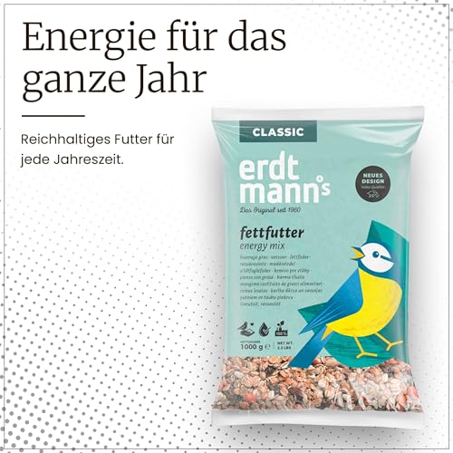 Erdtmanns Fettfutter für Wildvögel 15 × 1000 g – energiereiches Ganzjahresfutter mit Haferflocken, Erdnüssen & Früchten – ideal für Balkon & Garten – beliebt bei Meisen, Amseln