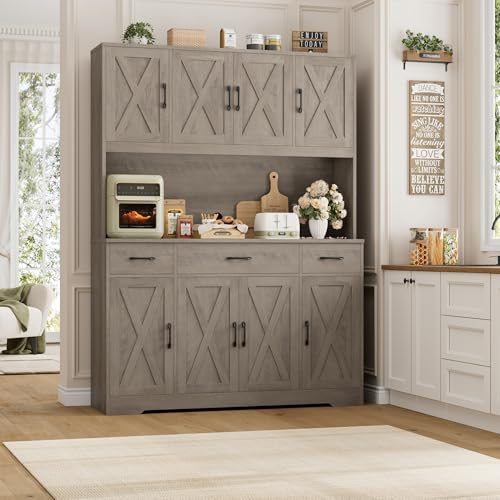 Image of HOSTACK 71 inch Tall Pantry Cabinet with Charging Station, 55 inch Wide Kitchen Pantry Storage Cabinet with Countertop, Large Kitchen Hutch with Storage Drawers and Microwave Stand for Dining Room, Ash Grey