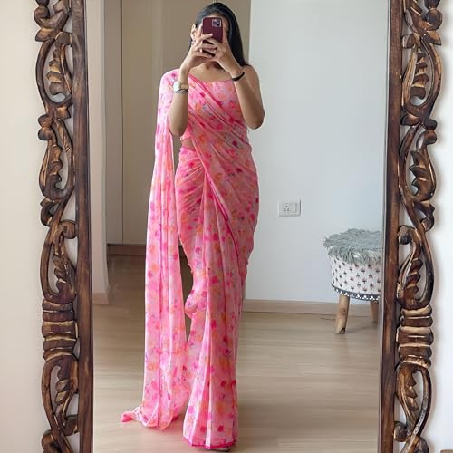 Image of StyleScope Women's Georgette Printed Lace Bordered Ready To Wear One Minute Saree With Print Unstitched Blouse Piece (RTW Mix Free Size)