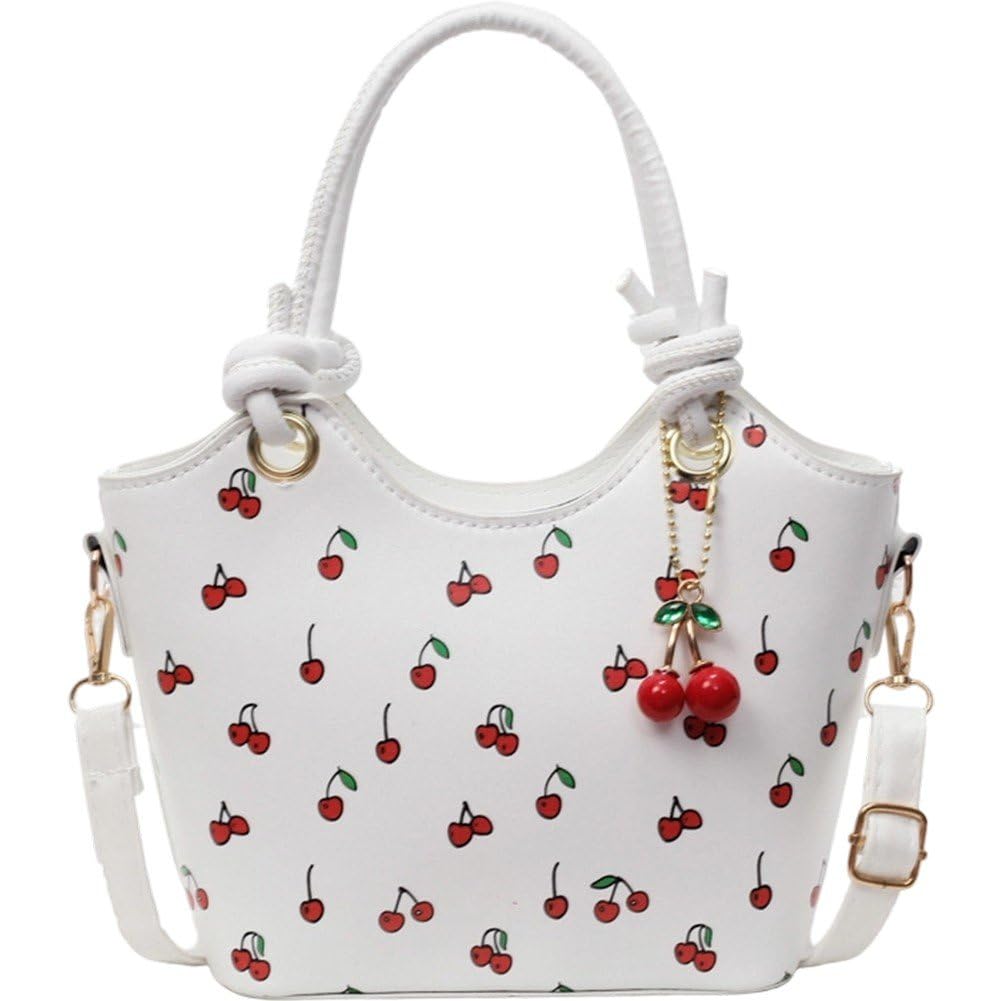 Danlai Pu Leather Cherry Print Handbag, Tote with Charm Decor Crossbody Bag for College Work Travel Shopping Daily Outfit
