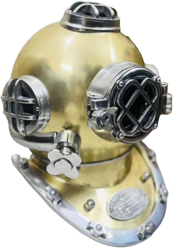 Mark V Diving Helmet, Full Size Yellow Aluminum Replica, 18 Inch, Brass and Glass Construction, Nautical Decor, 16x12.5x17 Inches
