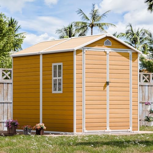 Outdoor Resin Storage Shed with Floor Inlcuded,8x6 FT Large Waterproof Outside Sheds Kit with Window Lockable 2 Doors, Plastic Sheds for Garden Backyard Patio Lawn Tools,Wood Color