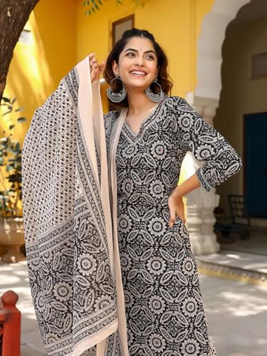 Image of Tee Projekt Women's Cotton Blend V Neck Kurta Pant with Dupatta Set ll Casual Wear Women