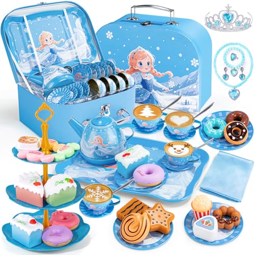 iAOVUEBY Tea Party Set for Little Girls 49PCS Princess Tea Time Toys Including Teaset Dessert Carrying Case Kids Pretend Play Kitchen Toys Toddler Girl Birthday Gifts for 3-8 Year Old Snowflake