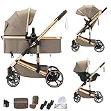 BEBBY Carrito Bebe 3 en 1, Cochecitos Combinados Portátil Plegable，3 Piezas Empuje Bidireccional Reversible, Cochecito Bebe Marco de Aleación Aluminio (H9-BROWN, H9)