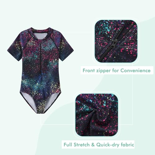 Image of Girls One Piece Swimsuits Short Sleeve Rash Guard for Girl Hawaiian Bathing Suit with Sun Protection Beachwear