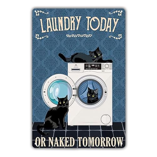 KONFEN Metallschild Blechschild Katze Retro, Laundry Today Vintage Katzen Blechschilder Lustige Metallposter, Zinn Zeichen Metallschilder Posterkatzen Decor 8 * 12 Zoll für Wand Home Badezimmer Tür