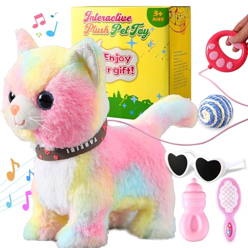 Marsjoy Colorful Leash Walking Cat Set Singing That Purrs and Meows Animated Plush Robot Kitten Moving Plush Realistic Stuffed Animal Remote Control Cute Kawai Robotic Kitty Toy for Girl