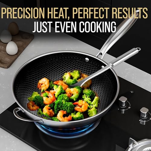Foto de Wok - Sartén con tapa, sartenes antiadherentes de acero inoxidable para freír | Utensilios de cocina no tóxicos, aptos para lavavajillas, inducción y horno | Híbrido antiadherente de 12.5 (imagen 3)