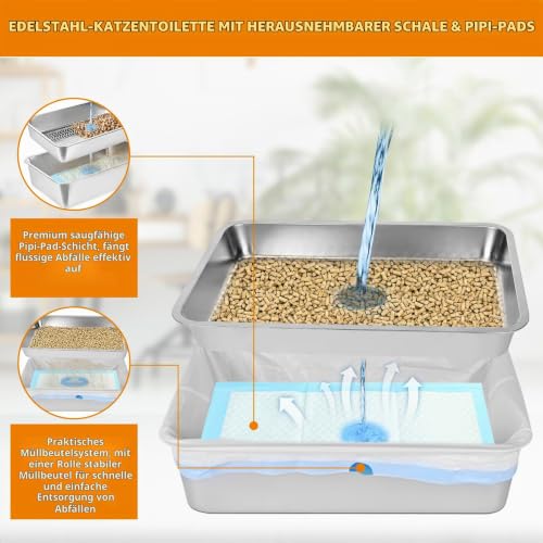 Edelstahl-Wurfkiste, XXL-Sieb-Wurfkiste für Kiefernpellets, Hochseiten-Metall-Wurfkastensystem für Großkatzen mit Kunststoffschaufel &10 Urinpads (8 Inch)