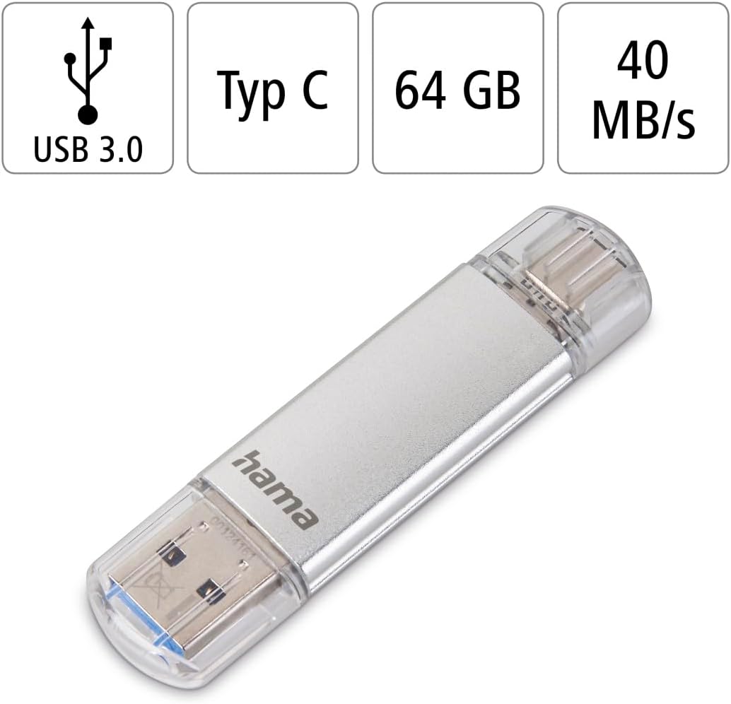 Hama 64Gb USB Flash Drive with USB 3.0 & USB 3.1 Type-C Silver, 00124163