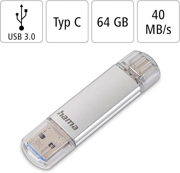 Hama 64GB USB-Speicherstick mit USB 3.2 Gen 1-Type-C (2-in-1 USB-Stick, z.B. für Android Handy, Tablet, Computer, Notebook, MacBook, OTG, 40MB/s) USB-Typ-C Handy-Stick, Doppel Memory-Stick Silber - 4