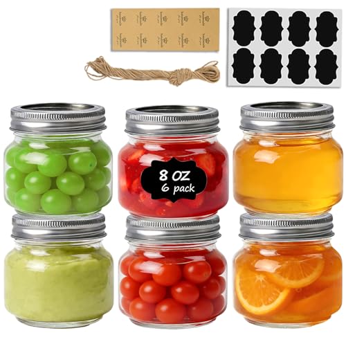 Image of ComSaf 8 oz Regular Mouth Mason Jars,6Pcs Glass Jars for Home Cooks Making Jam and Jelly, and Crafters Creating DIY Candles and Party Favors, Canning Jar with Lids and Rings，Includes Labels & Twine
