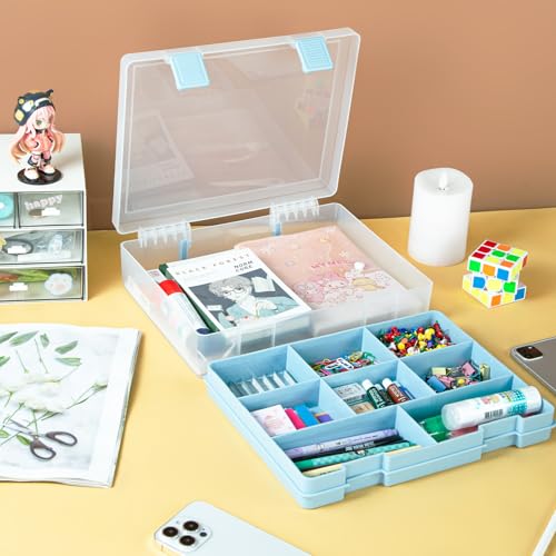 Image of Plastic Storage Bin with Clear Lid and Removable Tray, Perfect for Craft Supplies, Art Tools,Beads, Stackable Organizer with Portable Handle, Durable Design for Home or Office Use（Blue）