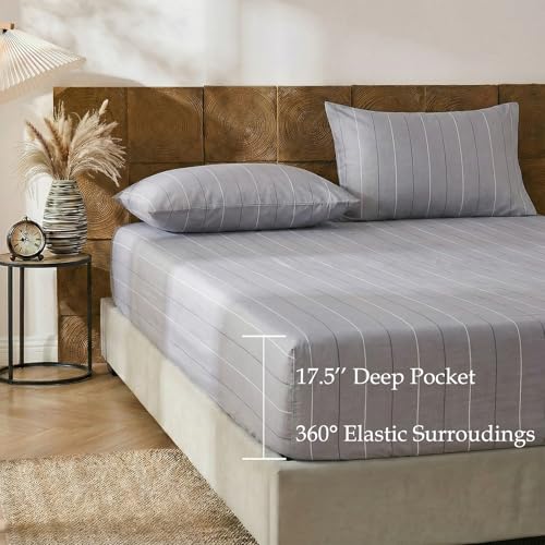 Image of Merryword Gray Pinstripe Sheet Set Queen Size - 100% Cotton Striped Bedding 4 Pieces, Soft Breathable Percale Weave, 17.5 inch Deep Pocket, Luxury Linen Like, All Season Comfort