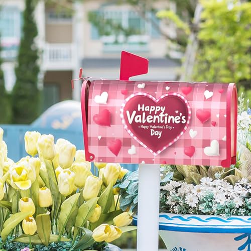 Image of Valentine's Day Plaid Pink Love Mailbox Covers Magnetic White and Pink Love Heart Mailbox Cover Standard Size 18 X 21 Inch Valentines Day Wrap Post Letter Box Decorative for Outdoor Home Garden Yard