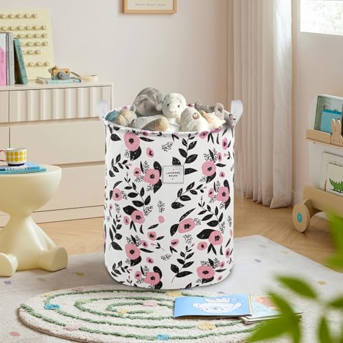 Image of Mziart Cute Laundry Basket, Large Floral Laundry Hamper for Girls Kids Toys Collapsible Clothes Organizer Waterproof Foldable Baby Hamper for Nursery Dorm Fabric Storage Basket Bin with Handles (Pink)