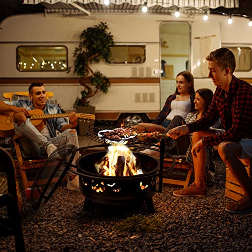 Fire Pits For Outside, Wood Fire Pits, Bonfire Pit, 30 Inch Round Cast Iron Fire Pit With Grill For Patio, Backyard With Spark Screen, Fire Poker And Metal Grate, Pumpkin&Bat Cutout Pattern #TOP7