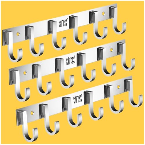 Image of Stainless Steel Cloth Hanger for Wall, Clothes Hook Hangers Door Mount, Bathroom Hooks for Hanging Towel, Wall Mounted Shirt Hangers, Dress Holder Hooks - 6 Pin-XL, Pack of 3, Silver