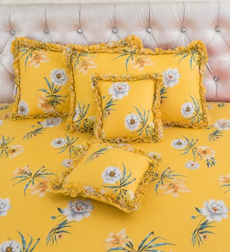 Image of VOMZER 5-Piece Premium Printed Bedsheet Set 300 TC King Size | Cotton Blend Modern Design Flat Bedsheet, Yellow Flower
