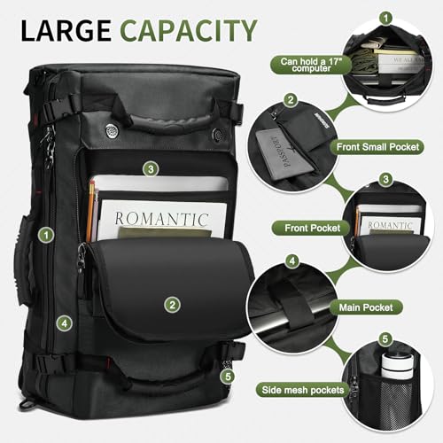 Large Travel Backpack, 17 Inch Laptop Backpack 40L Carry-On Bag Water-Resistant Flight Approved W/Shoulder Strap+Anti-theft Lock for Casual Travel Outdoor, Black4