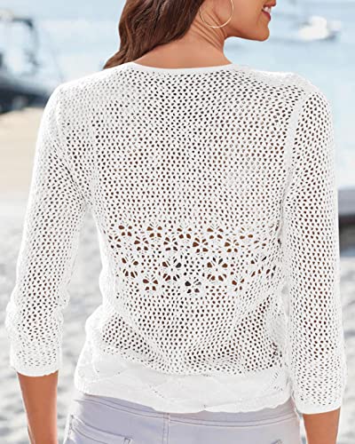 Image of Nulibenna Womens Sheer Shrug Sweaters 3 /4 Sleeve Open Front Tie Cardigan Bolero Jacket Lightweight Crochet Knit Cover Up Tops