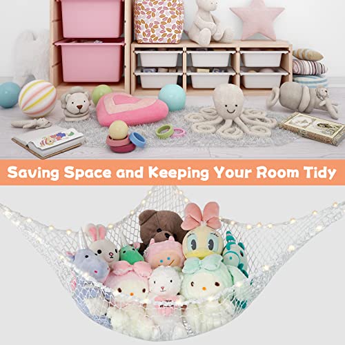 Corner Stuffed Toy Hammock With Led Light,Stuffed Doll Storage Decoration With Diy Design Light,Hanging Toy Storage Net For Kids Bedroom Nursery Play Room(White) #TOP2