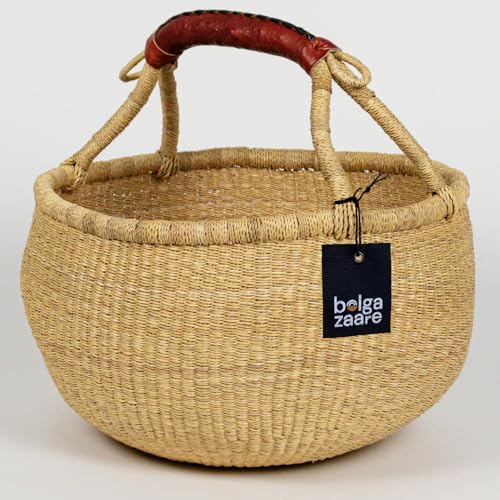 Image of Bolga Zaare Market Basket, Handmade in Ghana by Women Artisans, Natural, Large, 16"-18" Diameter x 9"-10" H, RED Handle (1 Basket)