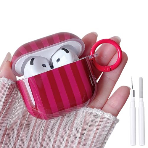 Image of MINSCOSE for AirPods 4 Case,Cute Striped Aesthetic Pattern Design with Trendy Keychain Ring,Soft TPU Protective Shockproof Cover with Cleaner Kit for Girls Women for Airpods 4-Burgundy