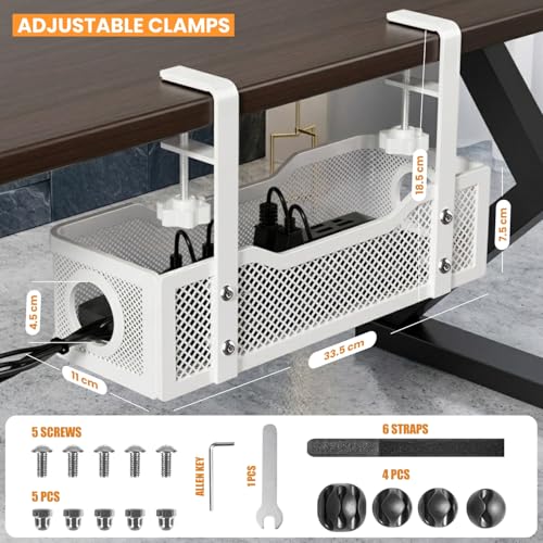 Image of Under Desk Cable Management Tray | Metal Wire Organizer with Clamp Mount | No Drill Cord Holder for Power Strip& Network Cables | Adjustable Cable Tray for Office & Home Setups (White)