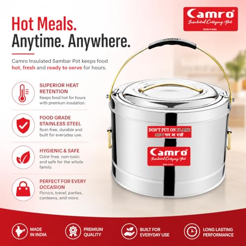 Image of Camro Sambar Pot Stainless Steel 7.5 Liters | Sambar Container with Lid | Casserole for Cooking | Canteen & Hotel Casserole Container | Picnic HotPot | Biryani Box Puff Insulated Hot & Cold Serving