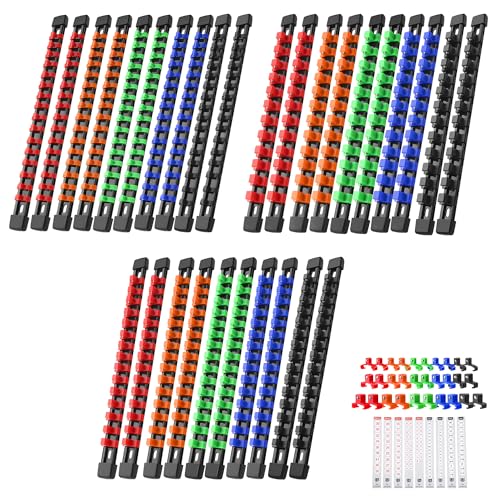 Image of Reniteco 27-Pack Socket Organizer Set, 1 /4 inch x 160 3 /8 inch x 150 1 /2 inch x 120 Clips | 306 Clip Capacity, Havy-Duty ABS Socket Rails, Removable Clips, Drive Socket Storage, Toolbox Drawer or Wall Mount