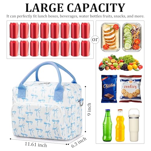 TESAFNG Lunch Box for Women Insulated Lunch Bag Cute Corduroy Lunch Tote Bags Lightweight Reusable Leakproof Cooler Bag with Adjustable Shoulder Strap for Work Office Travel Picnic (Blue Bow)