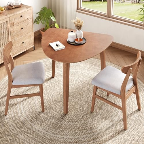 Image of Merax 3-Piece Modern Dining Set, Triangular Side Table & 2 Curved Wood Chairs, Minimalist Space-Saver for Small Living Room, Kitchen, Easy Assembly, Light Brown