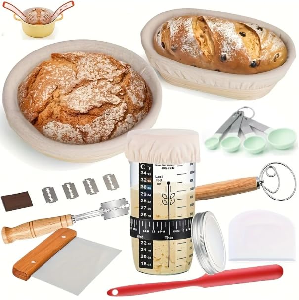 Kit de démarrage au levain, 21 pièces – Panier à baneton, pot de démarrage, écharpe à pain, fouet à pâte et ensemble d'accessoires de pâtisserie pour boulangers amateurs et débutants